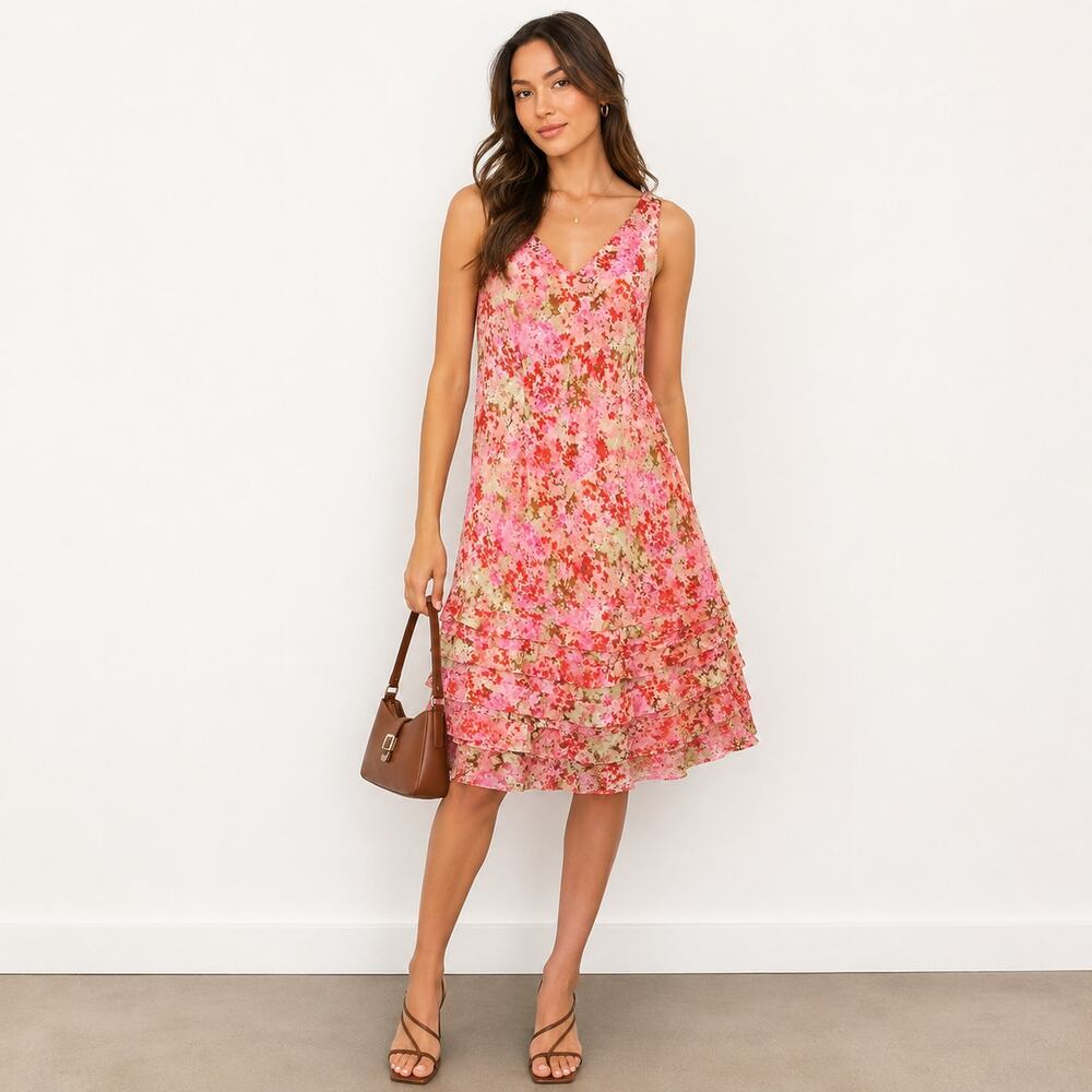 Ann Taylor VTG SZ 6 100% Silk Fully Lined Floral Dress Ruffle Bottom Y2K 90s